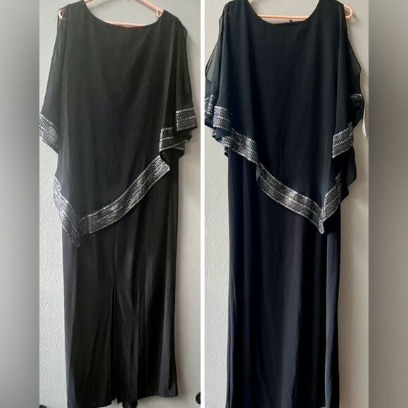 S.L. FASHIONS COLD SHOULDER CAPELET MAXI DRESS W/ METALLIC TRIM WOMENS 14W~NWT - Picture 2 of 8